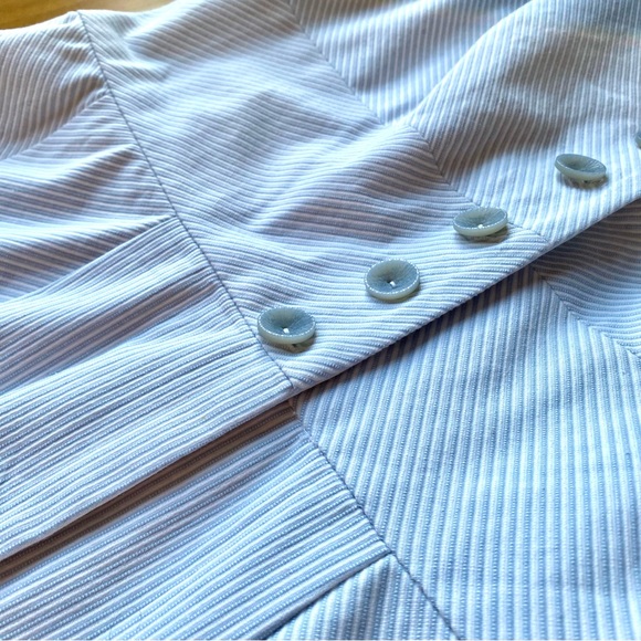 Vintage Y2K Blue Pinstripe Fitted Bodice Button-Up Sleeveless Summer Dress - Picture 4 of 15